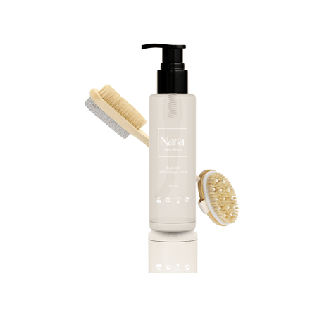 Experience luxury with the Nara Skin Pamper Bundle. This set includes Nara Skin Boost Body Oil for intense hydration and the Earth Body Brush for exfoliation and cellulite reduction. Both products come in a stylish storage bag, perfect for home or travel. Treat yourself to deeply nourished and radiant skin.