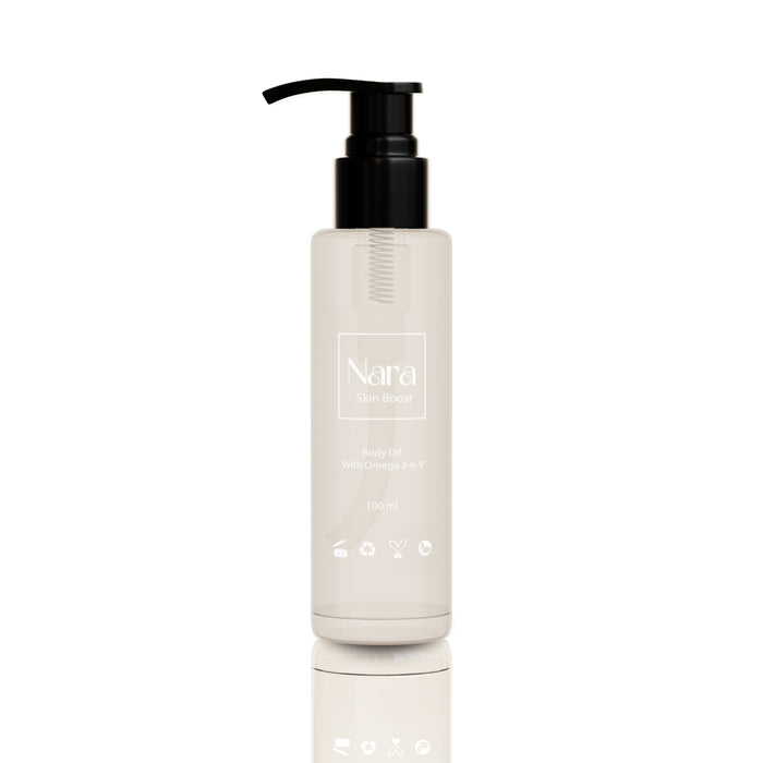 Nara Skin Boost Body Oil offers a luxurious, soothing experience with its blend of natural, vegan ingredients like Omega 3-6-9, avocado oil, and Moroccan argan oil. Suitable for all skin types, it hydrates and nourishes, leaving your skin radiant and soft. Ideal for self-care. For external use only.